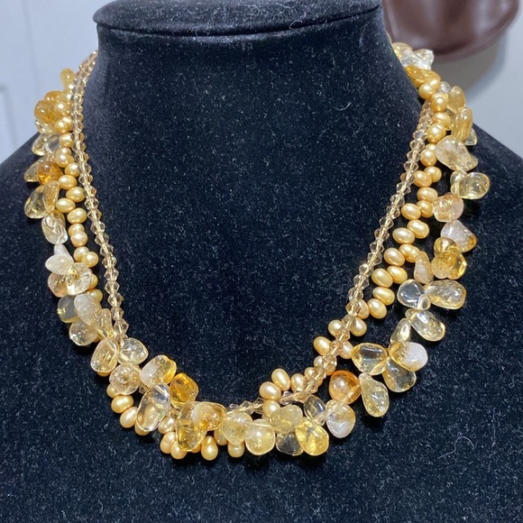 Beautiful 3 strand crystal citrine freshwater Pearl beaded necklace - Picture 4 of 16
